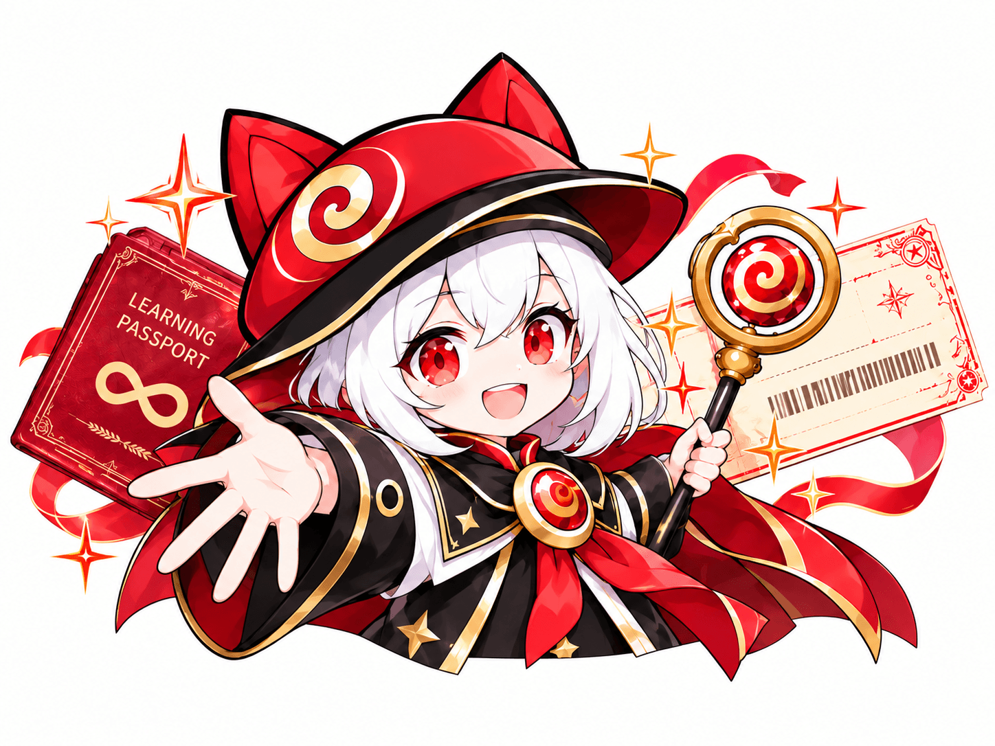 白发红帽魔法向导,手持学习护照和魔法杖